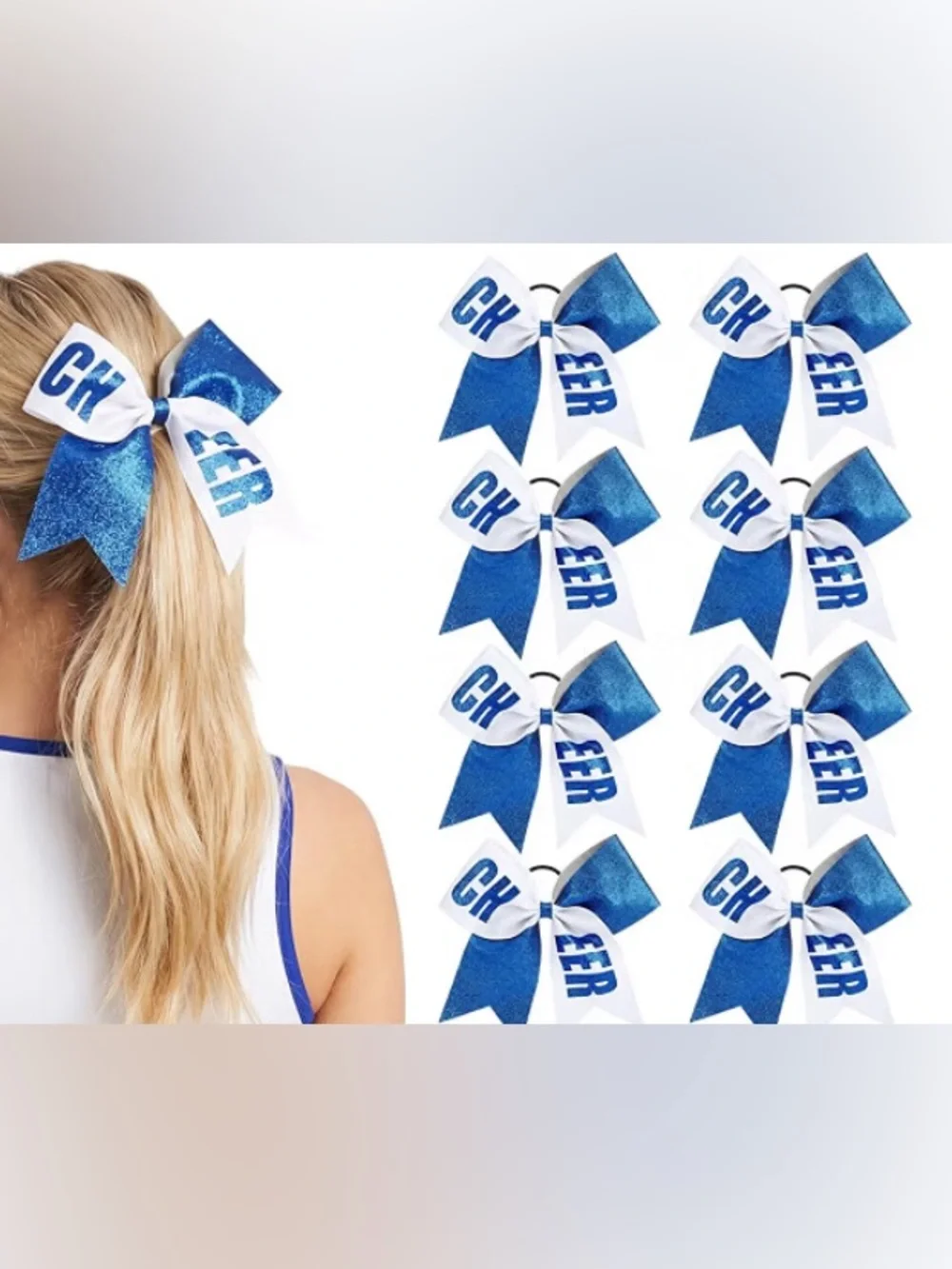 New 12-Pack Blue & White Glitter Cheerleading Hair Bows w/Elastic 💙🤍